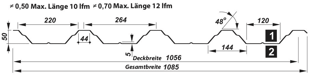 Trapezblech Dach 50-264 – T50P - Technische Zeichnung